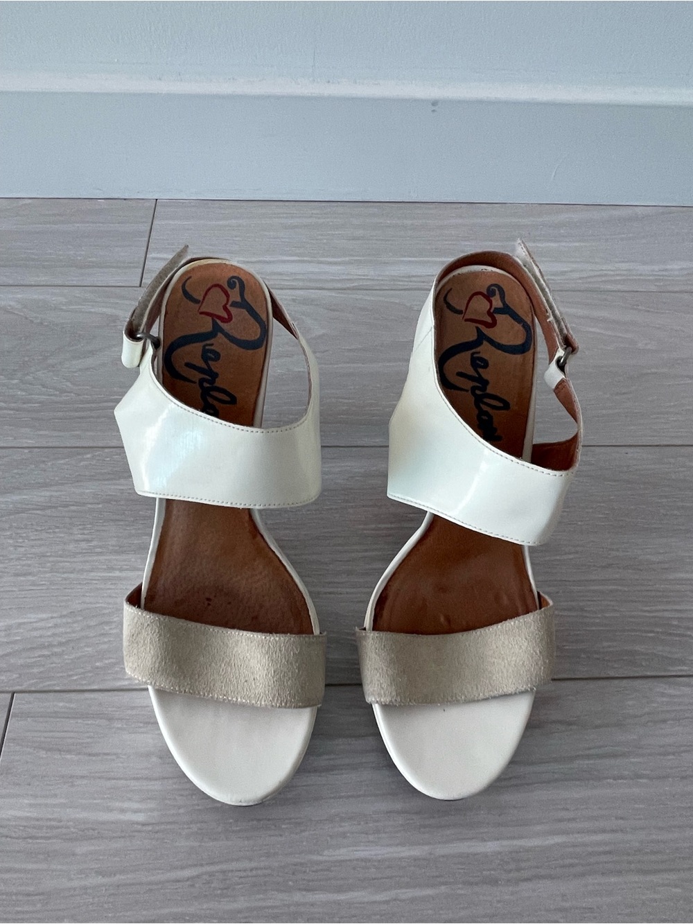Replay White Genuine Leather & Suede Slingback Sandals With Wooden Heel Size 40